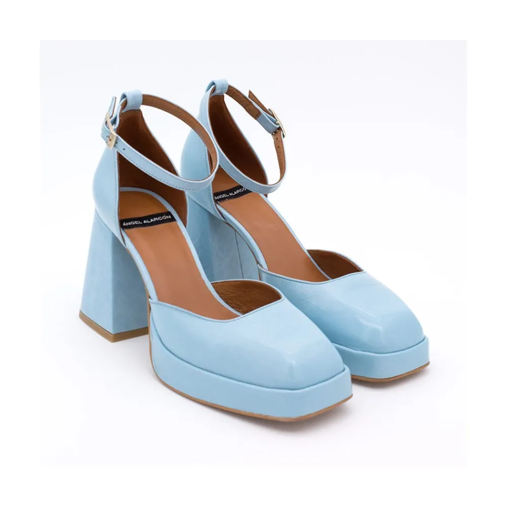 ANGEL ALARCON Anna - Zapatos De Piel Brillante Con Pulsera, Tacon Ancho Y Plataforma New