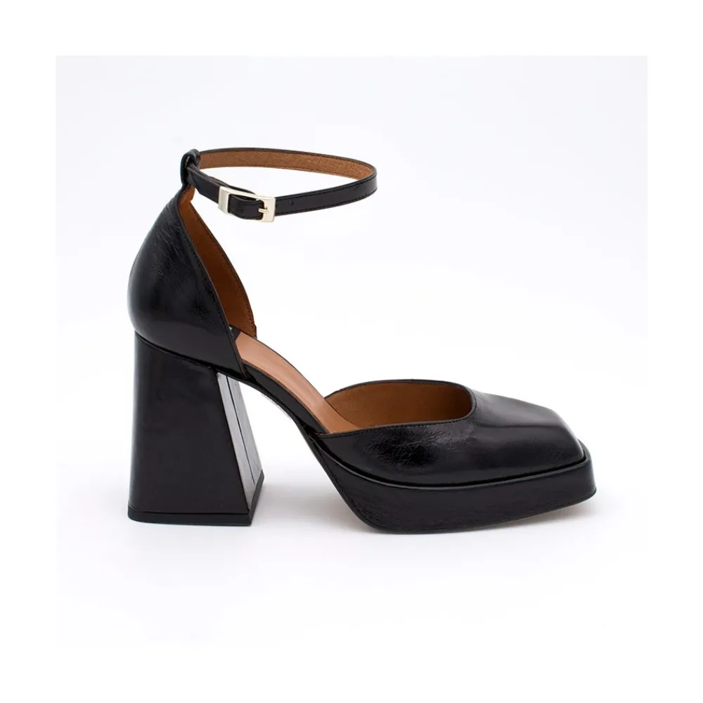 ANGEL ALARCON Anna - Zapatos De Piel Brillante Con Pulsera, Tacon Ancho Y Plataforma New