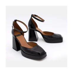 ANGEL ALARCON Anna - Zapatos De Piel Brillante Con Pulsera, Tacon Ancho Y Plataforma New