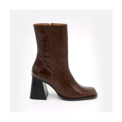 ANGEL ALARCON Oconnor - Botin De Piel Brillante Con Tacon Ancho Con Cremallera New
