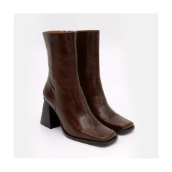 ANGEL ALARCON Oconnor - Botin De Piel Brillante Con Tacon Ancho Con Cremallera New