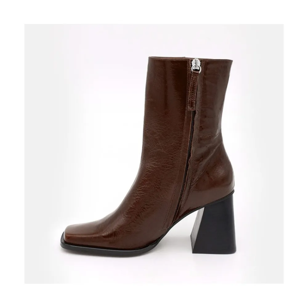 ANGEL ALARCON Oconnor - Botin De Piel Brillante Con Tacon Ancho Con Cremallera New