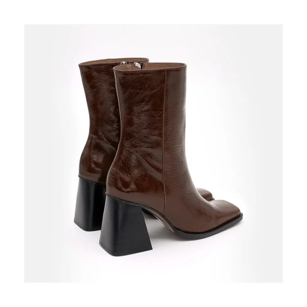 ANGEL ALARCON Oconnor - Botin De Piel Brillante Con Tacon Ancho Con Cremallera New
