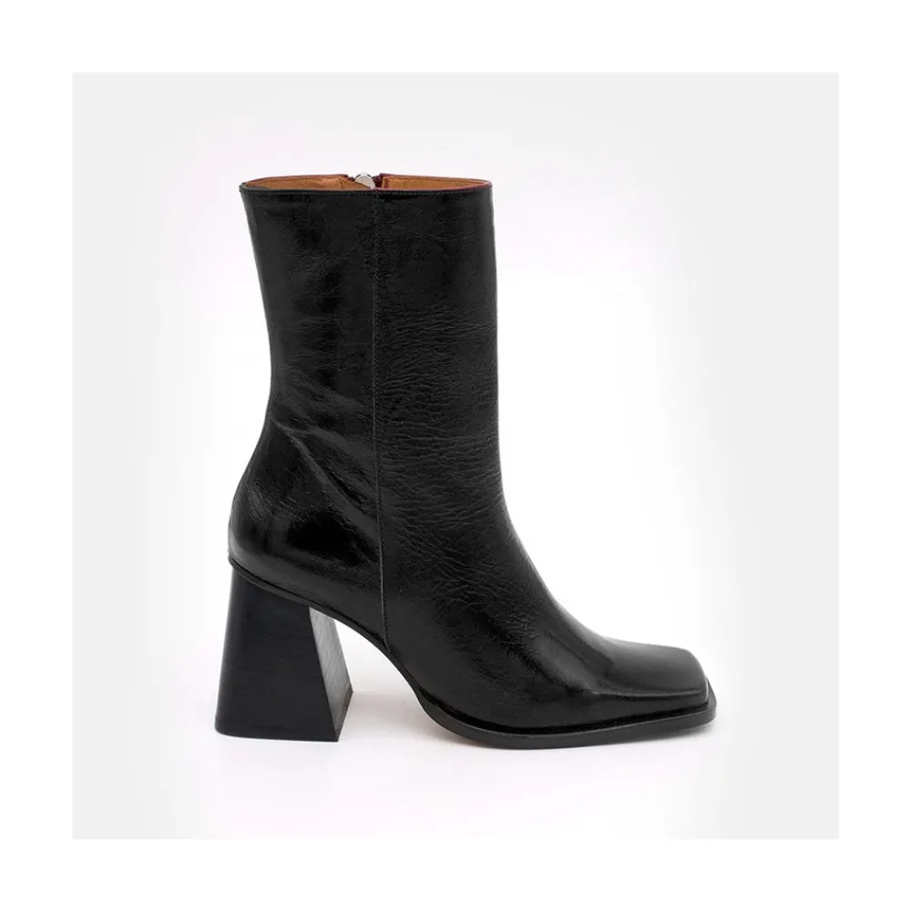 ANGEL ALARCON Oconnor - Botin De Piel Brillante Con Tacon Ancho Con Cremallera New