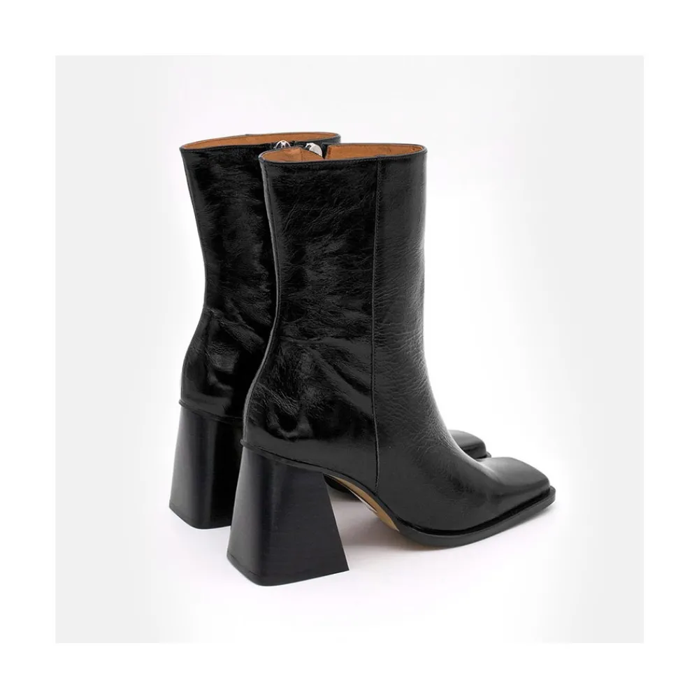 ANGEL ALARCON Oconnor - Botin De Piel Brillante Con Tacon Ancho Con Cremallera New