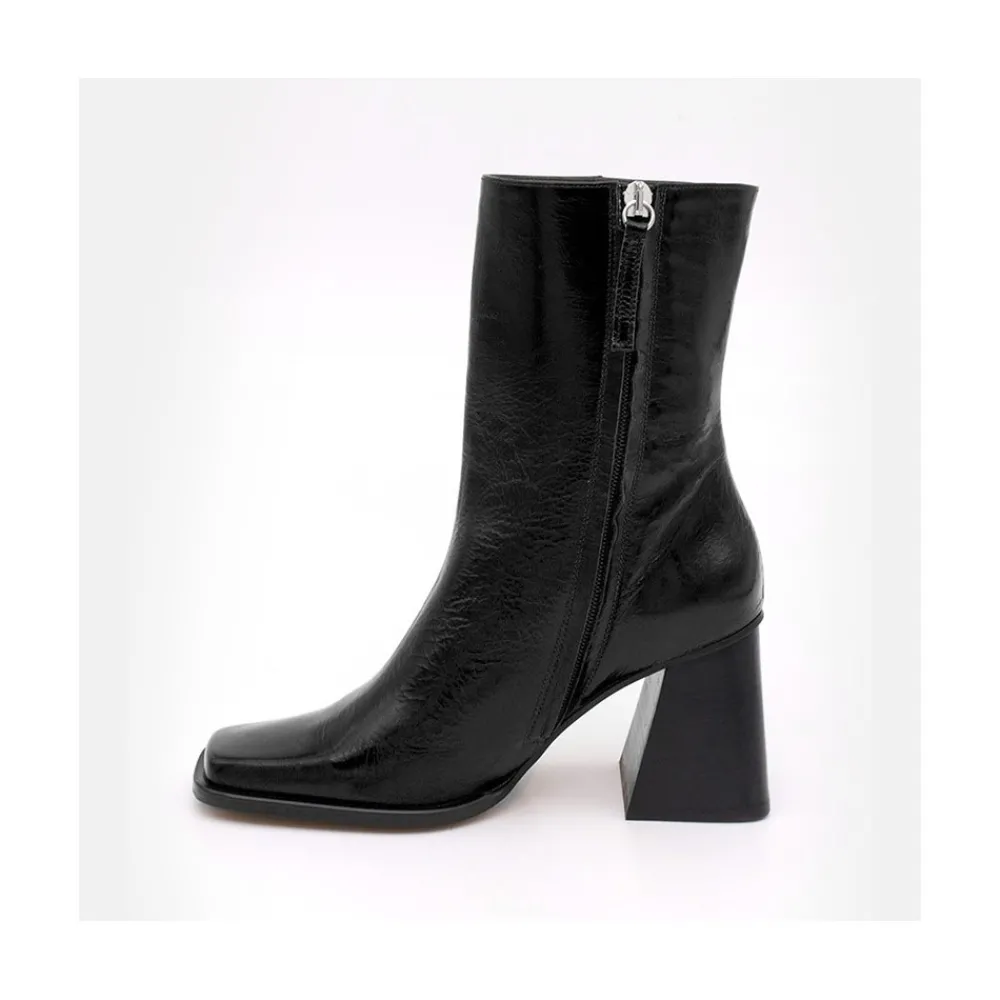 ANGEL ALARCON Oconnor - Botin De Piel Brillante Con Tacon Ancho Con Cremallera New