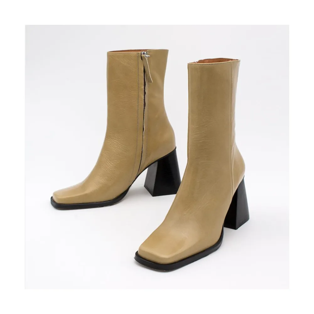 ANGEL ALARCON Oconnor - Botin De Piel Brillante Con Tacon Ancho Con Cremallera New