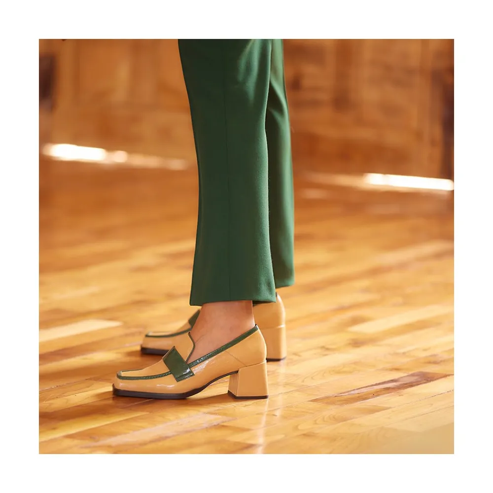 ANGEL ALARCON Peggy - Mocasin De Piel Brillante Duotono Con Tacon Ancho Clearance