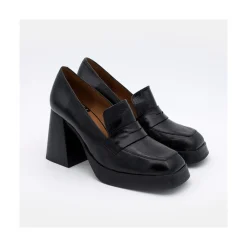 ANGEL ALARCON Tular - Mocasines De Mujer De Piel Brillante Con Tacon Alto Y Plataforma Negros